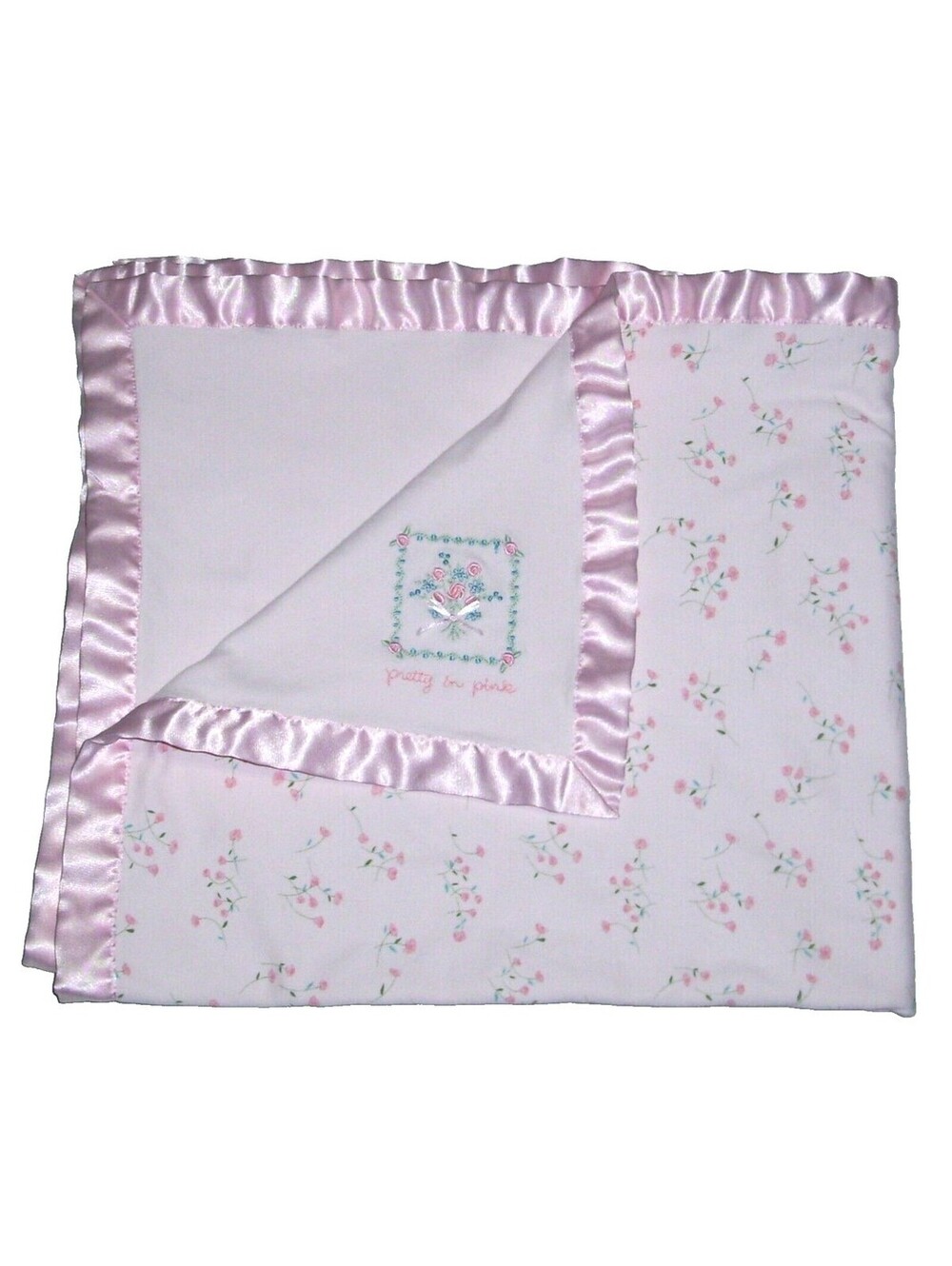 Carters Classics Pretty In Pink Cotton Knit Baby Blanket Floral Bouquet Satin